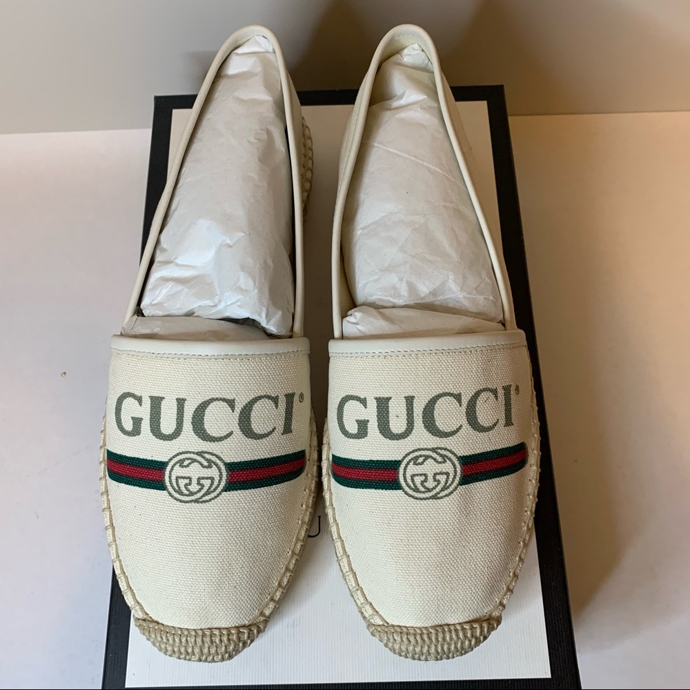 GUCCI Logo printed canvas leather trimmed Espadrilles | 39.5
